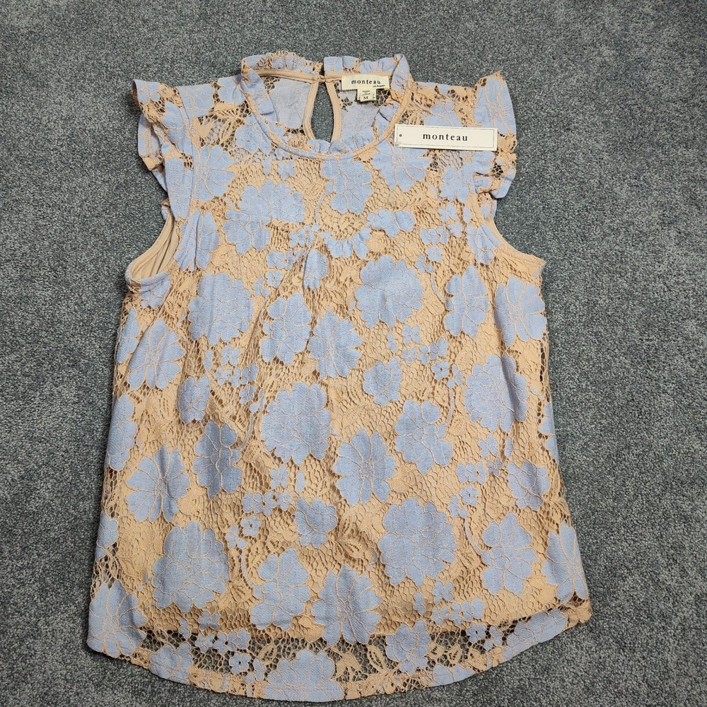 Monteau Top Womens Blue Tan Sleeveless M Lace Floral Ruffle Mock Neck Feminine
